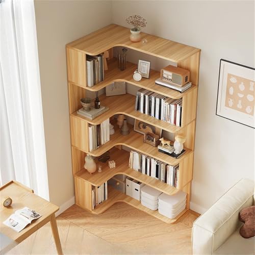 Vertical L-Shape Storage with Open Back 5 Shelves Corner Bookshelf Wood Floor Rack Student Integrated Wall Bookcase Corner Cabinet Multi-layer Storage Cabinet Light Walnut 24"L x 35"W x 63"H