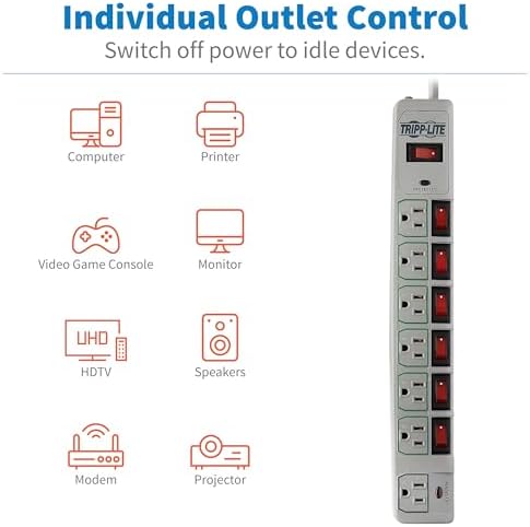 Tripp Lite 7-Outlet Surge Protector Power Strip with 6 Individually Controlled Switches, 6 Foot / 1.83M Cord, Lifetime Limited Warranty & $25,000 Insurance (TLP76MSG)