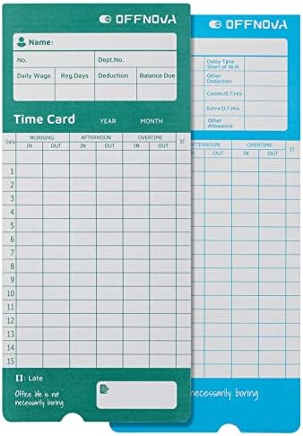 OFFNOVA Thermal Employee Time Cards, Monthly Double-Sided Punch Cards, 3.3" x 7.3", Auto Sensing & Auto Mark Late/Early Leave, 50 Pack for Office Time Clock