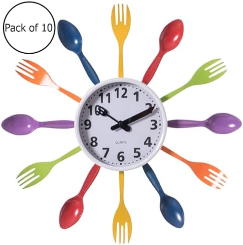 Clockswise Bulk Set of 10PC 14" Oversized Decorative 3D Cutlery Utensil Spoon and Fork Wall Clock, Multicolor Design for Vibrant Kitchen, Playroom, or Bedroom Decor, Battery-Operated Silent Sweep,