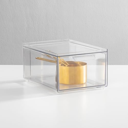 mDesign Stackable Storage Containers Box with Pull-Out Drawer - Stacking Plastic Drawers Bins for Kitchen Pantry and Cupboard, Cabinet, Counter, Island and Tables - Lumiere Collection - 4 Pack - Clear