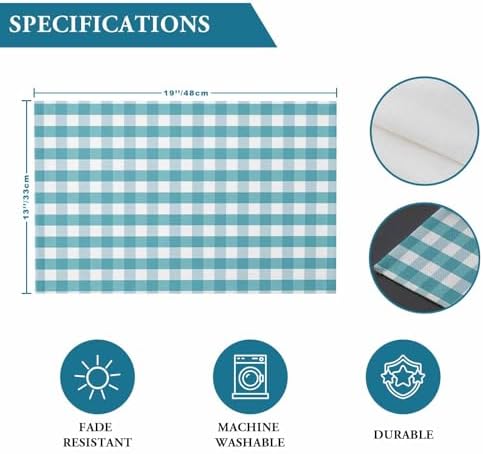 Rustic Teal White Buffalo Check Plaid Pattern Placemats Set of 6, Farmhouse Heat Resistant Washable Table Place Mats Cotton Table Linens Party Holiday Decor for Kitchen Dining Outdoor Indoor