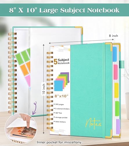Spiral Notebook Journal with Removable Dividers Tabs, 300 Pages Hardcover Leather 5 Subject College Ruled Notebook, 8"x10" Large B5 Lined Journal for Women Men, Spiral Notebooks for Work School, Teal