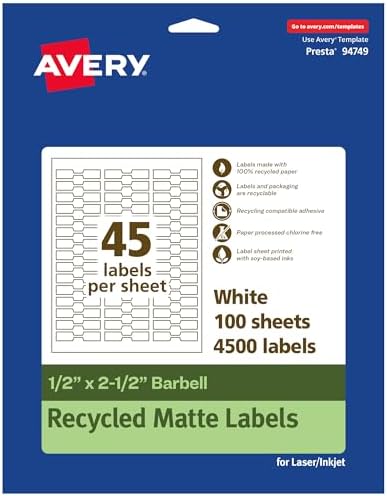 Avery® EcoFriendly Matte White Recycled Barbell Labels, 0.5" x 2.5", Matte White Labels, Permanent Adhesive, Laser/Inkjet Printable, 4,500 Total