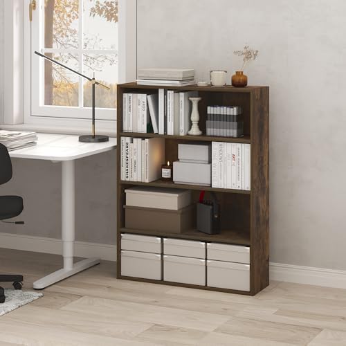Furinno PASIR Book Shelf, 4-Tier Bookshelf with Open Storage Shelf, Standing Bookcase, 9.3 x 31.3 x 41.8, Easy Assembly, for Home Office, Bedroom, Living Room, Amber Pine