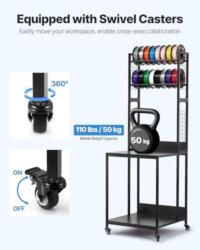 VEVOR 3D Printer Filament Storage Rack, 4-Tier 3D Printer Stand with Filament Storage, Spools Holder Racks Cart with Wheels, Filaments Organzied for 3D Printing Station, Office, Workshop (Shelf Only)