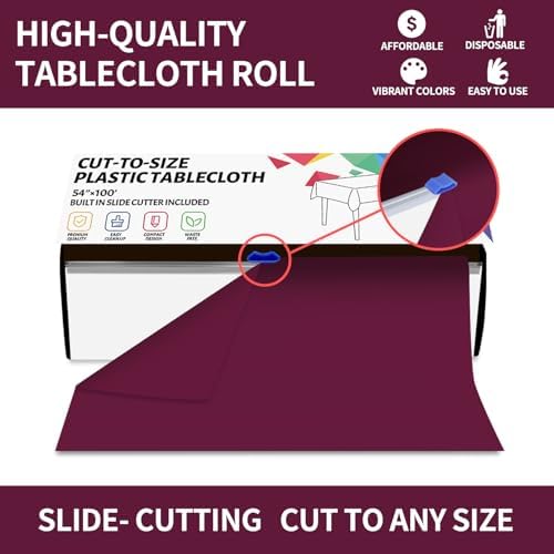 CXPSINC 54 Inch X 100 Feet Plastic Table Cover Roll Disposable Tablecloth with Slide Cutter for All Type/Shape Tables | Party, Banquet, Birthdays, Weddings(Burgundy, 100 Feet)