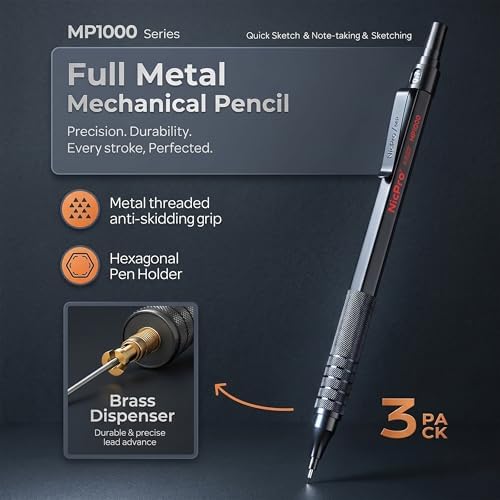 Nicpro Mechanical Pencils 0.7mm in Case, 3 Pack Metal Pencils Set, Black