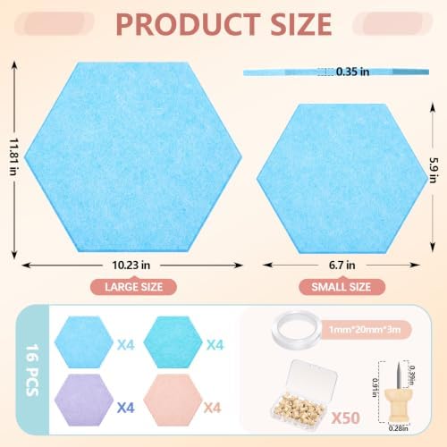 12x10 in 16 Pcs Hexagon Cork Board Tiles, Felt Pin Boards, Pastel