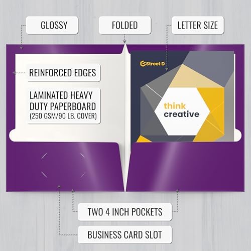 Better Office Products 2 Pocket Glossy Laminated Purple Paper Folders, Letter Size, Purple Paper Portfolios, Box of 25