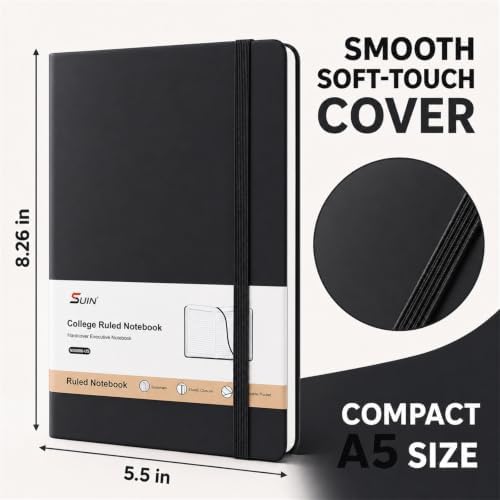 SUIN A5 Hardcover Lined Journal Notebook, 200 Pages, Black, 1 Pack