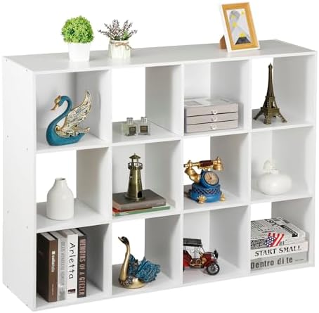 12 Cube Storage Shelf Organizer, Wood Bookshelf Organization Unit, Cube Shelves for Home Office Bedroom Living Room, White