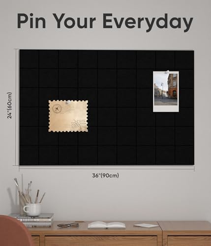 Large Cork Board for Walls 36" x 24", 6 Pack Felt Wall Tiles with Push Pins for Office Home, Pin Board Bulletin Board for Photo Pictures, Black