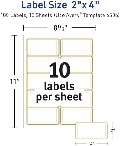 Avery Printable Rectangle Labels, 2" x 4" Blank Labels, Shipping, Matte White, Metallic Gold Border, Permanent Adhesive, Laser/Inkjet Printable, 100 Total (6506)