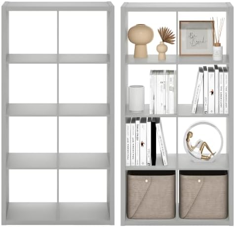 Furinno Cubicle Book Shelf Set of 2, 8-Cube Bookshelf, Light Grey