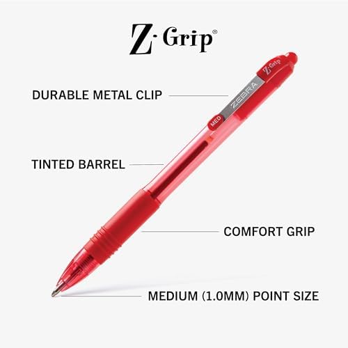 Zebra Pen Z-Grip Retractable Ballpoint Pen, Red Ink, 1.0mm, 18-Pack