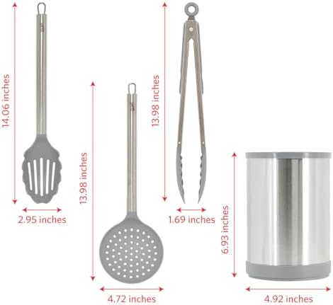 Glad Kitchen Utensils Set, 8pcs - Nonstick Cooking Tools with Stainless Steel Handles & Rotating Utensil Holder - Turners, Ladle, Spoon, Tongs, Spaghetti Server, and Skimmer - Dishwasher Safe, Grey