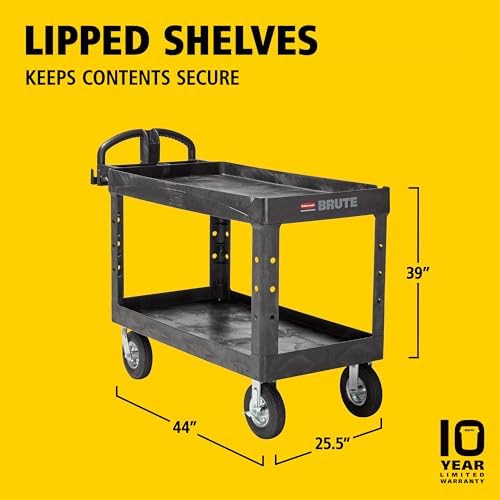 Rubbermaid Commercial Products BRUTE Heavy Duty 2-Shelf Utility/Service Cart, Pneumatic Casters, Medium, Lipped Shelves, Ergonomic Handle, 750 lb Capacity, Black, for Warehouse/Garage/Cleaning/Office