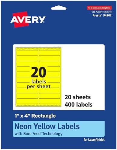 Avery® Printable Rectangle Labels, Sure Feed® Technology, 1" x 4", Neon Yellow Labels, Laser/Inkjet Printable, 400 Total, Great for Mailing and Cosmetics