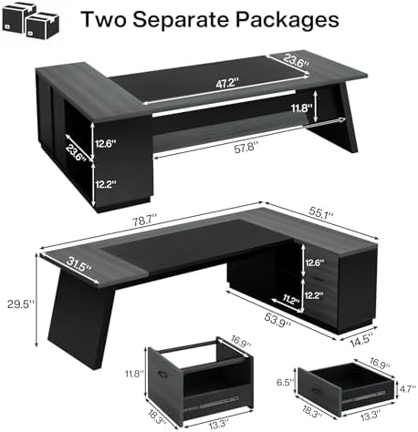 Tribesigns 78" L-Shaped Executive Desk, Large Modern Office Desk with Drawers and Lateral File Cabinet, Business Furniture with Storage Shelves, Big Computer Desk for Home Office (Grey + Blcak)