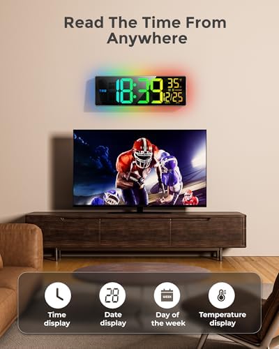 EASYERA 16.5" Large Digital Wall Clock with BT Sync, 11 RGB Lights