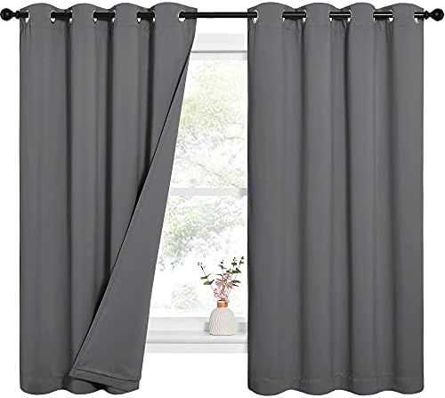 NICETOWN Noise Reduction Blackout Curtains, Thermal Insulated Full Blackout 3-Layer Lined Drapes, Energy Efficiency Window Draperies for Bedroom (Grey, 2 Panels, 52-inch W by 63-inch L)
