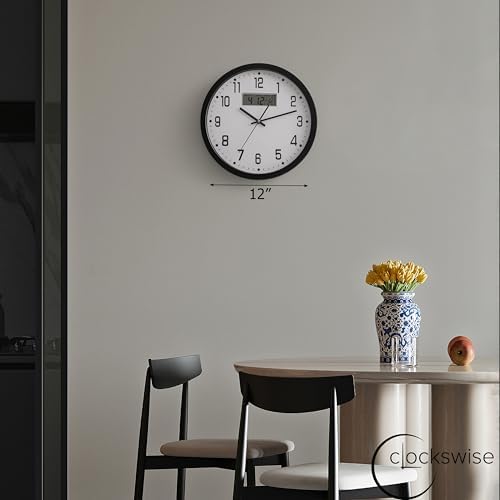 Clockswise 12-inch Wall Clock, Non-Ticking Analog & Digital with Temperature Display Battery Powered, Silent Operation, Switchable Time and Date - Perfect for Classroom Office Bedroom and Study, Black