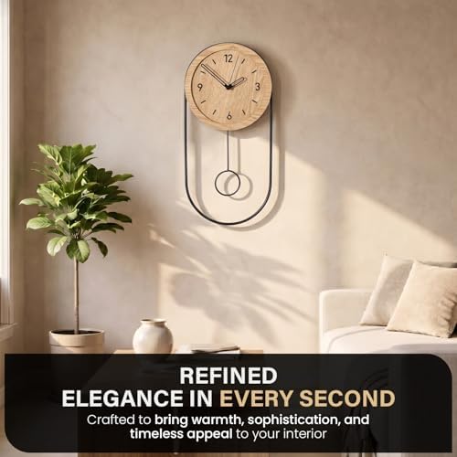 Clockswise 16-Inch Decorative Wall Clock Step Movement Mechanism Metal Frame Wooden Dial and Pendulum Design Battery-Operated Timepiece for Living Room Hallway or Office Décor, Natural Brown