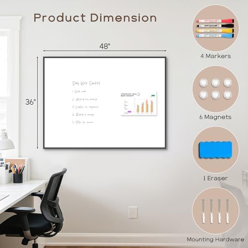 Large Magnetic Whiteboard, 48" x 36" Dry Erase White Board for Wall