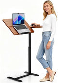 Simple Deluxe Standing Rolling Desk with Hidden Casters, Height Adjustable Pneumatic Mobile Laptop Desk, Tilting Bedside Table for Laptop, Overbed Bedside Table Hospital Home Use, Brown