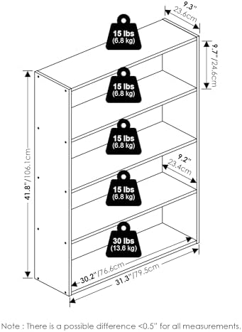 Furinno PASIR Book Shelf, 4-Tier Bookshelf with Open Storage Shelf, Standing Bookcase, 9.3 x 31.3 x 41.8, Easy Assembly, for Home Office, Bedroom, Living Room, White