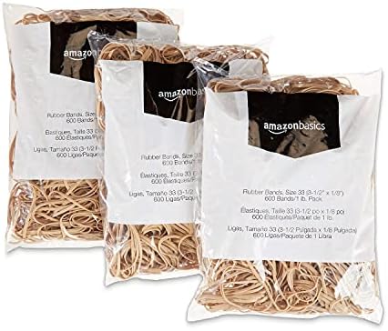 Amazon Basics Rubber Bands, Office Supplies, Size 33 (3-1/2 x 1/8 Inch), Stretchy, 600 Bands/1 lb Pack, 3-Pack, Tan