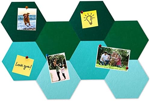 8Pcs Hexagon Felt Cork Board Tiles, Self Adhesive DIY Bulletin Board Pin Board for Office School Home Wall Decor Stickers Memos Photos Display (Gradual Green)