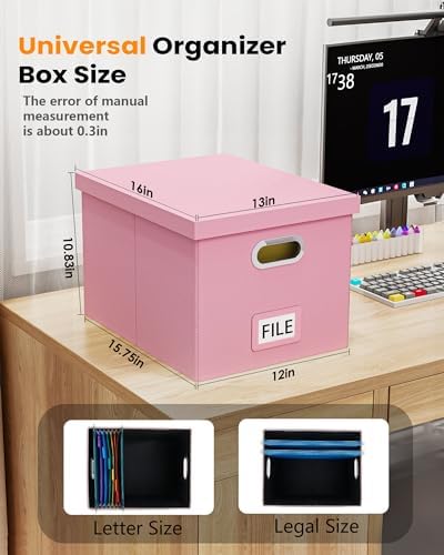 Oterri 2 Pack File Storage Organizer Box,Filing Box,Portable File Box with Lid,Fit for Letter/Legal File Folder Storage, Pink(Leather)-Box only