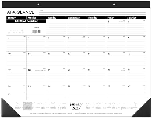 AT-A-GLANCE 2027 Desk Pad Calendar, Monthly Desk Wall Planner, 21.75" x 17", Ruled Blocks (SK240027), White