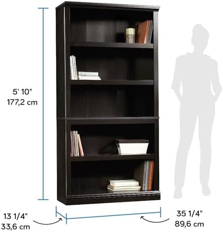 Sauder 5 Tier Book Shelf Wooden Bookcase Multipurpose Bookshelf for Home Office, Living Room, in Estate Black finish