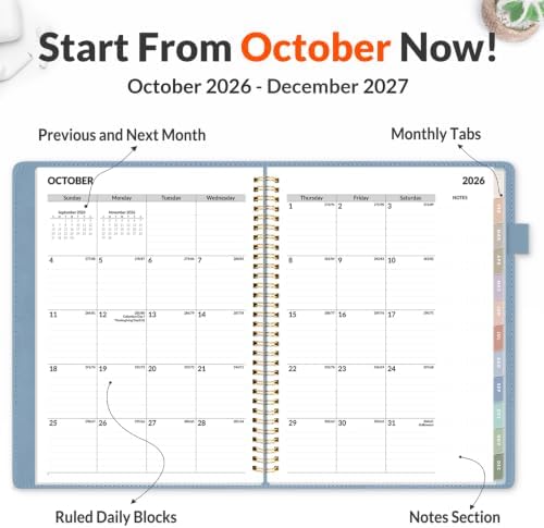 SUNEE 2027 Weekly & Monthly Planner 9"x11.2"- 12 Month (January 2027 - December 2027), Vegan Leather Cover, Pocket, Bookmark, Notes, Monthly Tab, Grey Blue