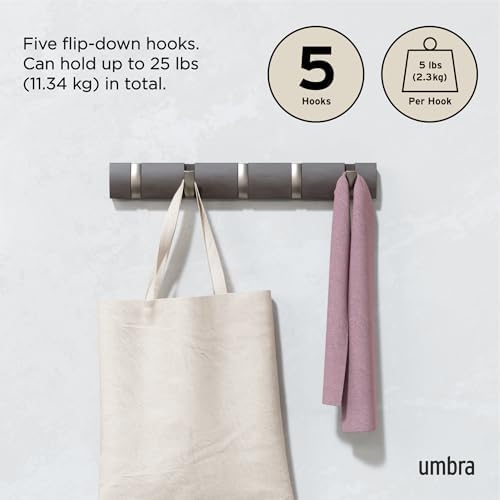 Umbra Flip Coat Rack, Wall Mounted 5-Hook Space Saving, Driftwood/Nickel