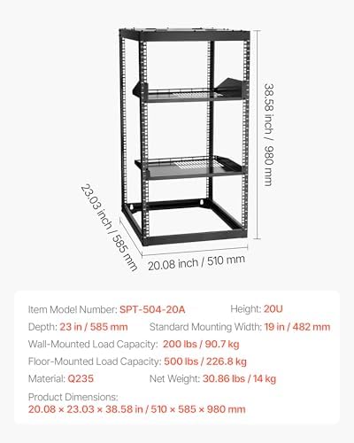 VEVOR 20U Server Rack, Open Frame Network Rack,4-Post Floor Standing or Wall Mounted, Includes 2PCS Vented 1U Rack Shelves & Mounting Hardware, Computer Wall Rack for 19" IT/AV Equipment