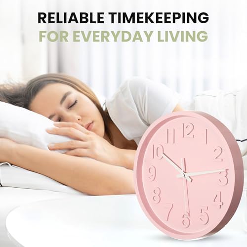 Clockswise 12-Inch Modern Minimalist Round Plastic Wall Clock Pink Dial with Bold Arabic Numerals Analog Display Step Movement Easy-to-Read Timepiece for Living Room Kitchen Office Bedroom Wall Decor