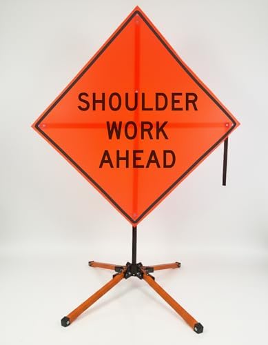 Traffic Roll-Up Sign Kit with Stand – Collapsible Safety Sign & Heavy-Duty Portable Stand, High Visibility, Easy Setup (Shoulder Work Ahead, Mesh)