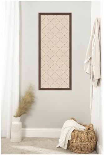 Kate and Laurel Framed Fabric Pinboard 18 x 42, Green Lattice Pattern Printed Linen Classic Bulletin Board for Use as a Vision Board or Wall Organization, Florence Medium Brown Frame