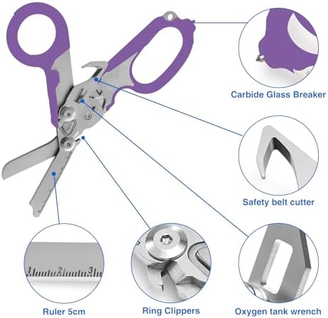 Heavy Duty 6 in 1 Multifunctional Trauma Shears Foldable | Stainless Steel emergency response scissors | Survival Shears with Holster | Medical Trauma shears Tactical With Strap Cutter | Purple
