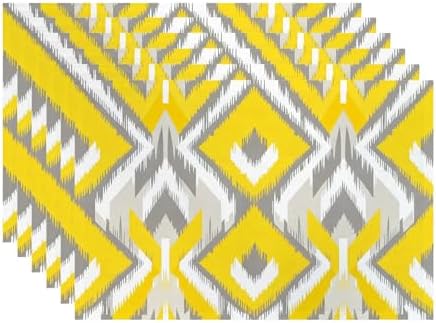 Batmerry Yellow and Gray Retro Ikat Pattern Linen Placemats Set of 6, Geometric Washable Table Mats for Kitchen Table Thickened Heat Insulation Dining Set Indoor Outdoor 12X18 in