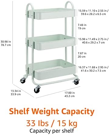 Amazon Basics 3-Tier Metal Rolling Utility Cart, Storage Organizer, Multi-Functional Kitchen Island Cart, Portable Shelving Unit with Caster Wheels, Mint Green