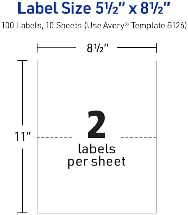 Avery® Printable Shipping Labels, 5.5" x 8.5" Customizable Stickers, White, 100 Blank Mailing Labels Total, Great for Mailing, Shipping, Organizing, and More (2-Pack of 8126)