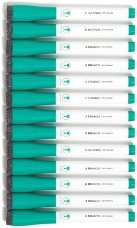 U Brands Fine Tip Dry Erase Markers with Eraser, Whiteboard Markers, Low Odor, Green, Set of 12