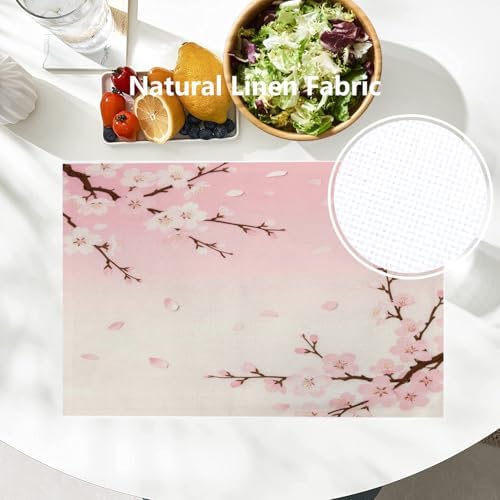 Batmerry Pink Cherry Blossom Linen Placemats Set of 8, Delicate Spring Blossoms Washable Table Mats for Kitchen Table Thickened Heat Insulation Dining Set Indoor Outdoor 12X18 in
