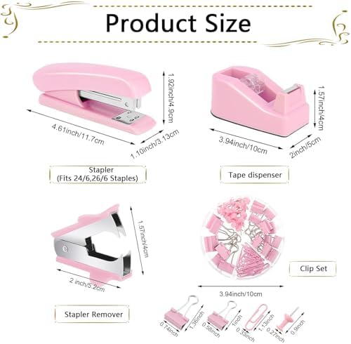 Office Supplies,Pink Desk Accessories, Stapler and Tape Dispenser Set for Women with Stapler,Tape Dispenser,Staple Remover,Staples,Clips,Scissors and Tabs,Gift for Students,Coworkers,Teacher,Business