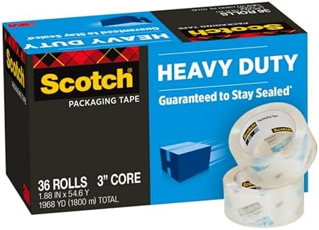 Scotch Heavy Duty Shipping Packing Tape, Clear, Shipping and Packaging Supplies, 1.88 in. x 54.6 yd., 36 Refill Tape Rolls
